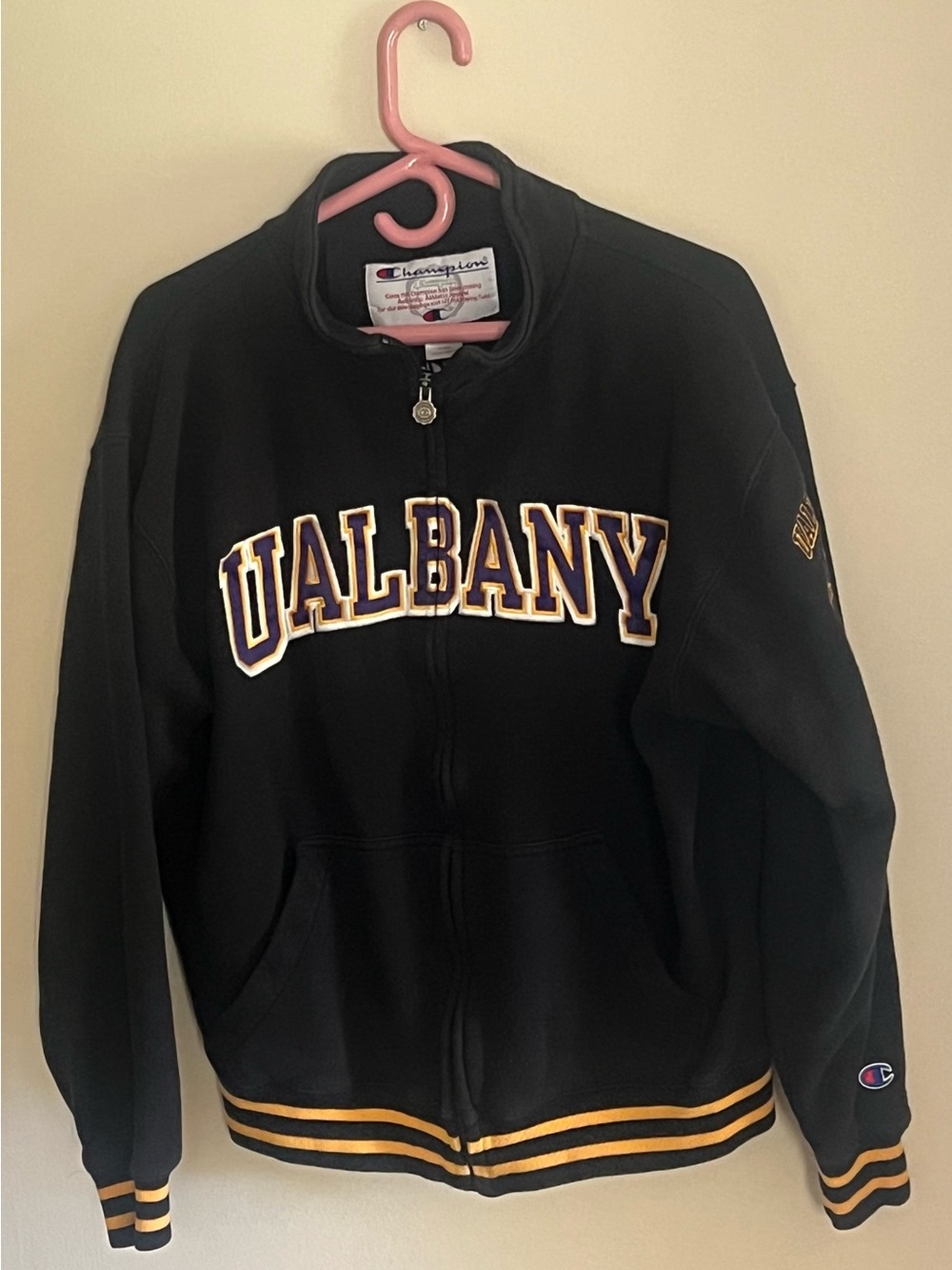 Champion Black UAlbany Zip-Up Jacket with Gold Trim Unisex Size M.